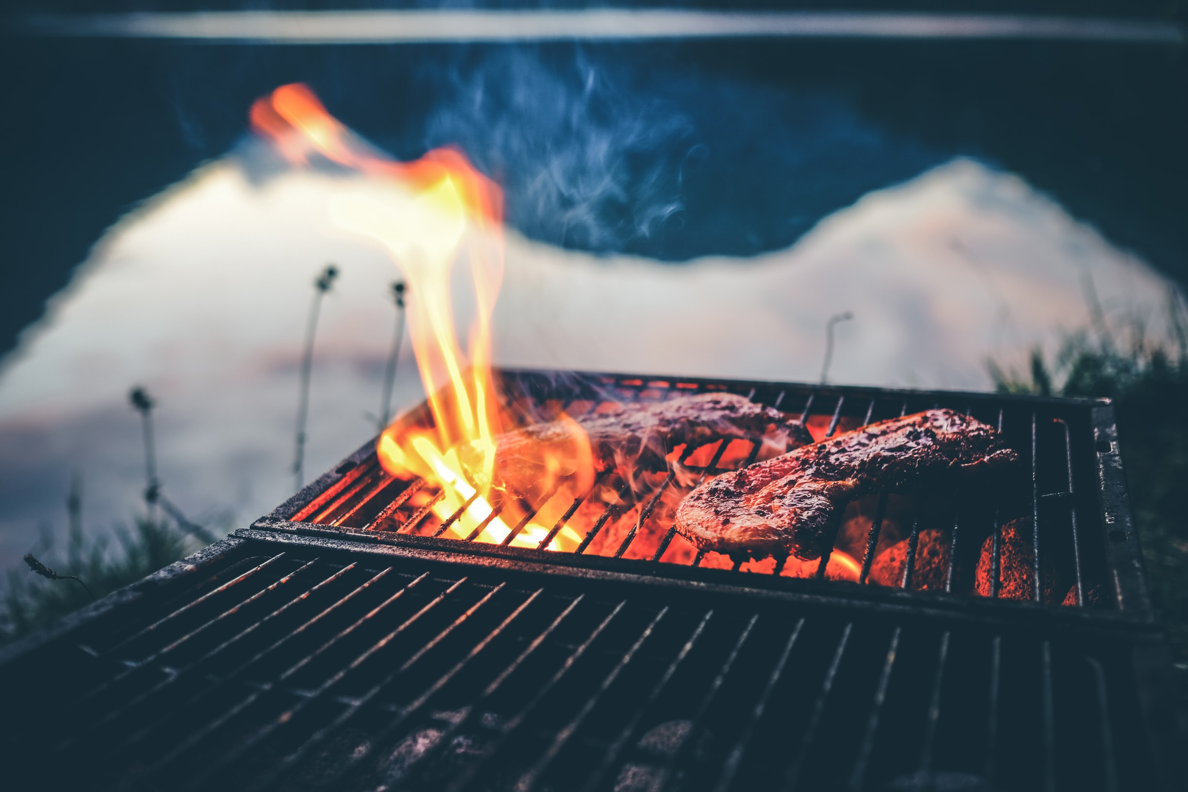 Two steaks cooking on a grill on an open fire.