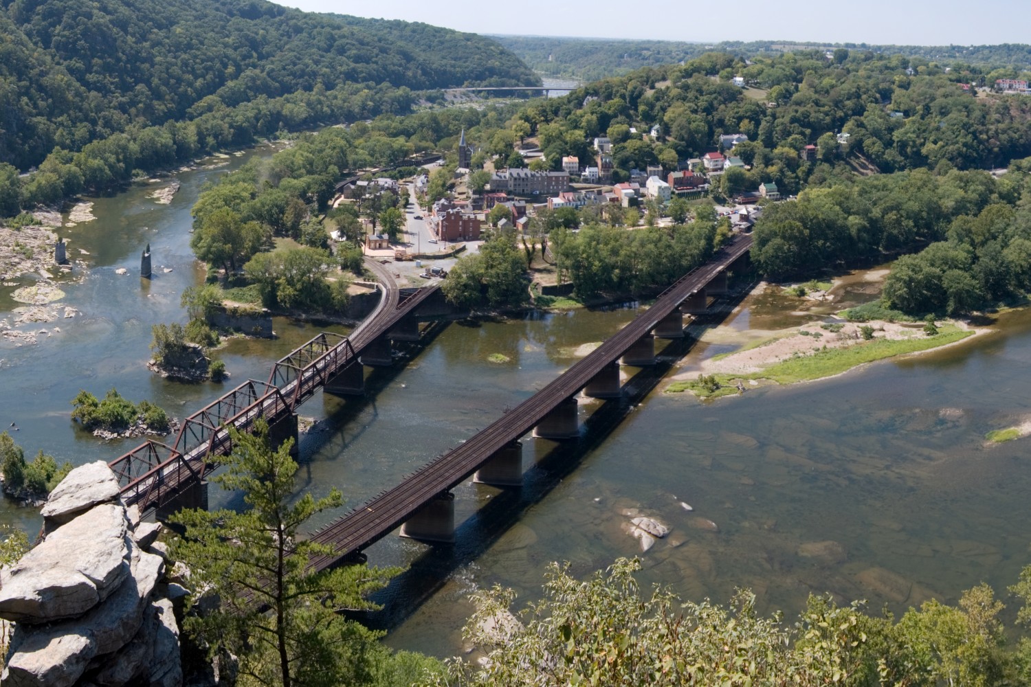 A panoramic view of Harpers Ferry from Maryland Heights, with the Shenandoah and Potomac Rivers.