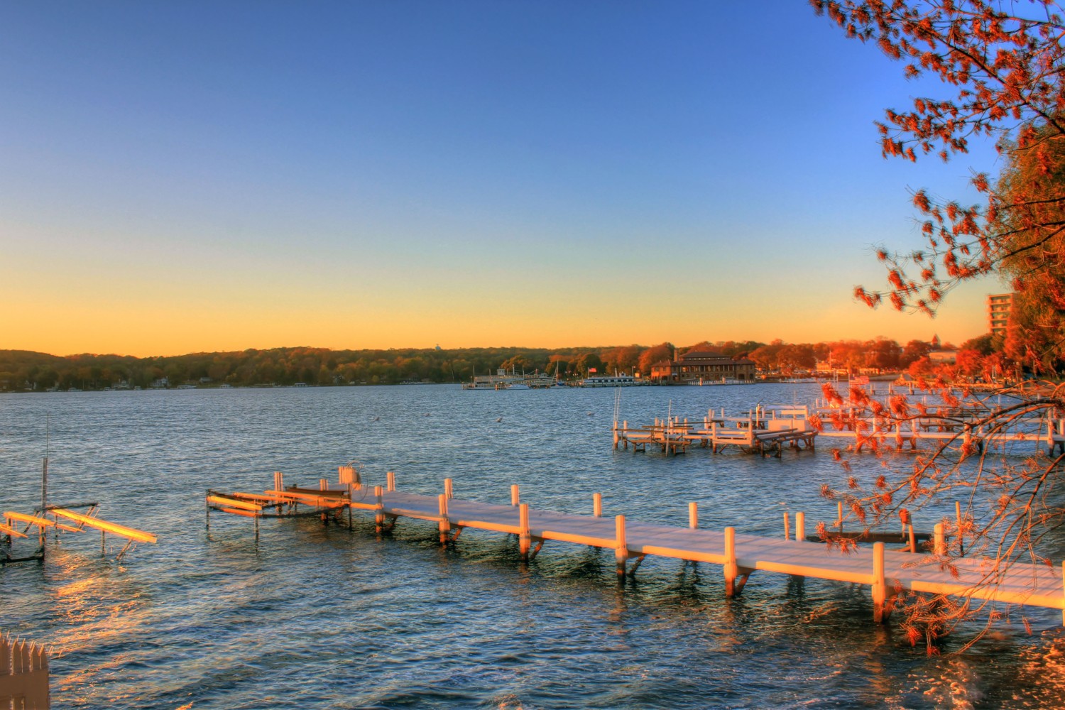 The Boat Docks at Dusk on Lake Geneva.