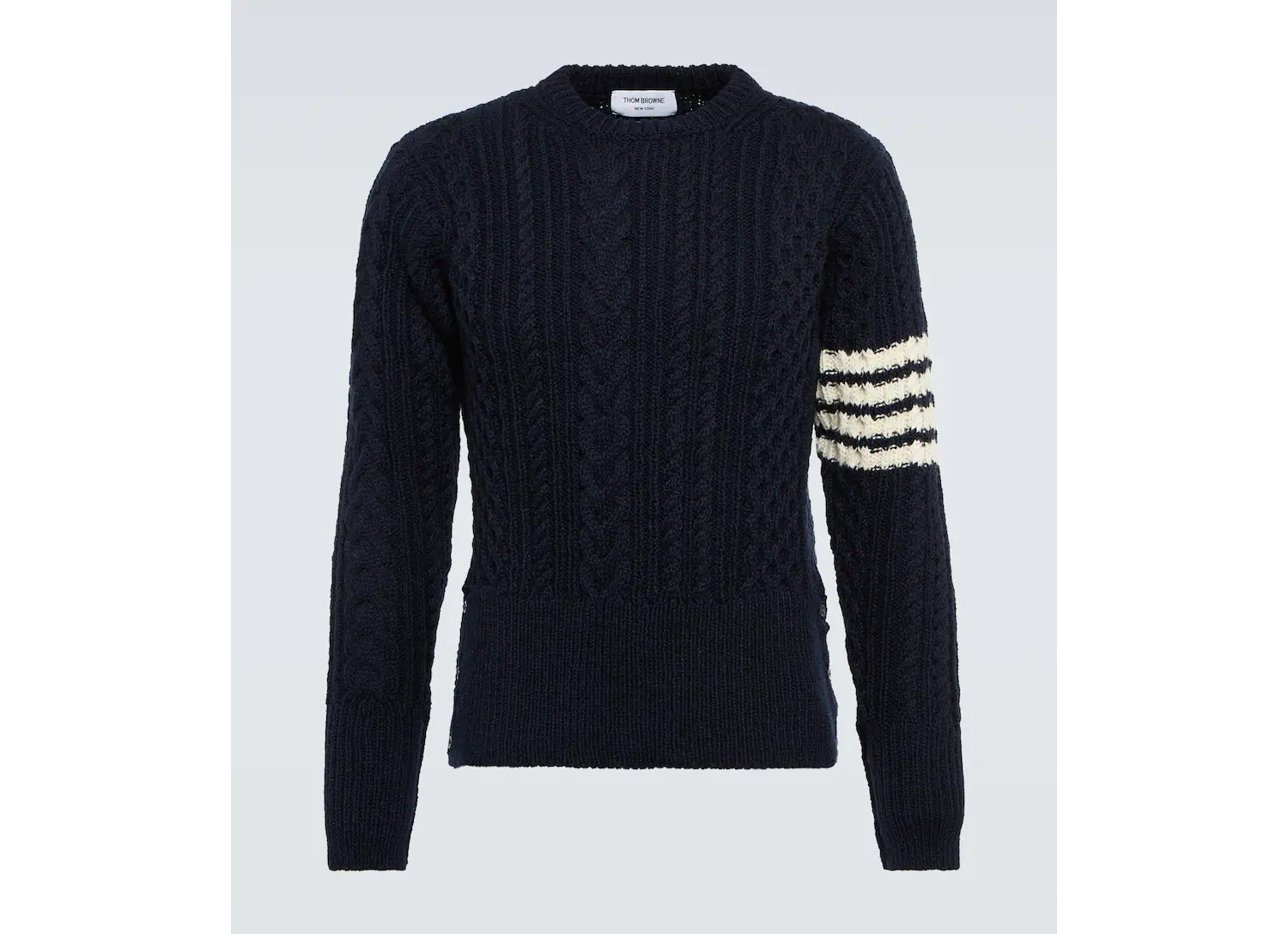 Navy blue cable knit sweater with Thom Browne 4 bar wrap around left sleeve.