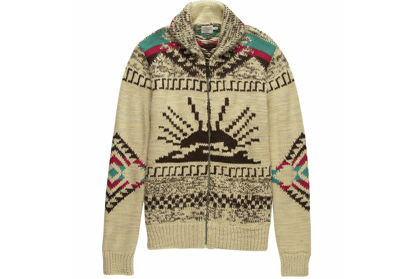 Native American print shawl collar cardigan.