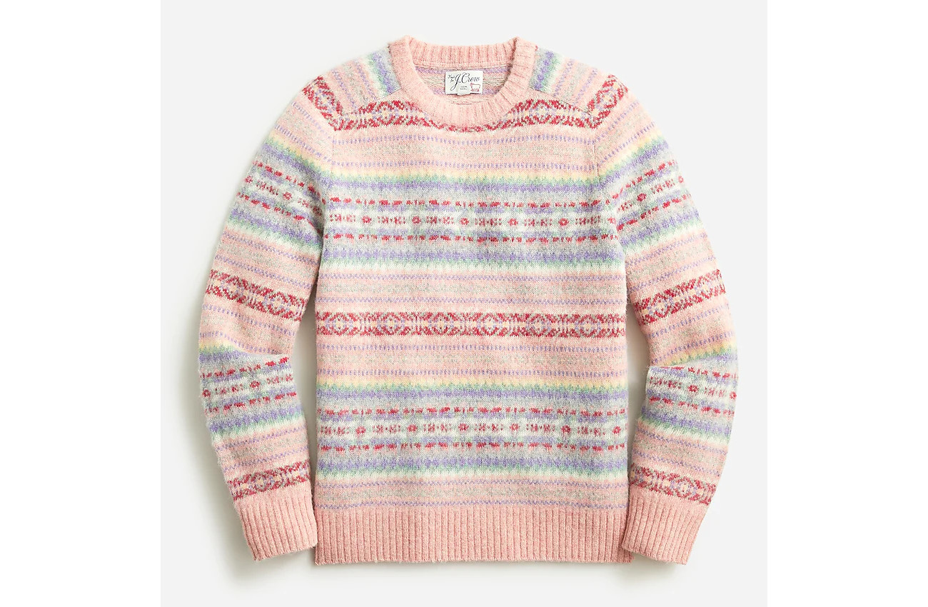 A pink wool Fair Isle sweater from J.Crew.