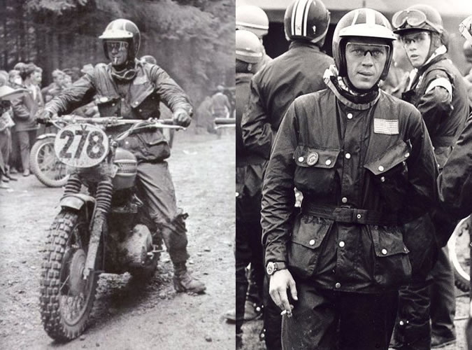 Steve McQueen in a Barbour International Jacket, on a motor cycle. 