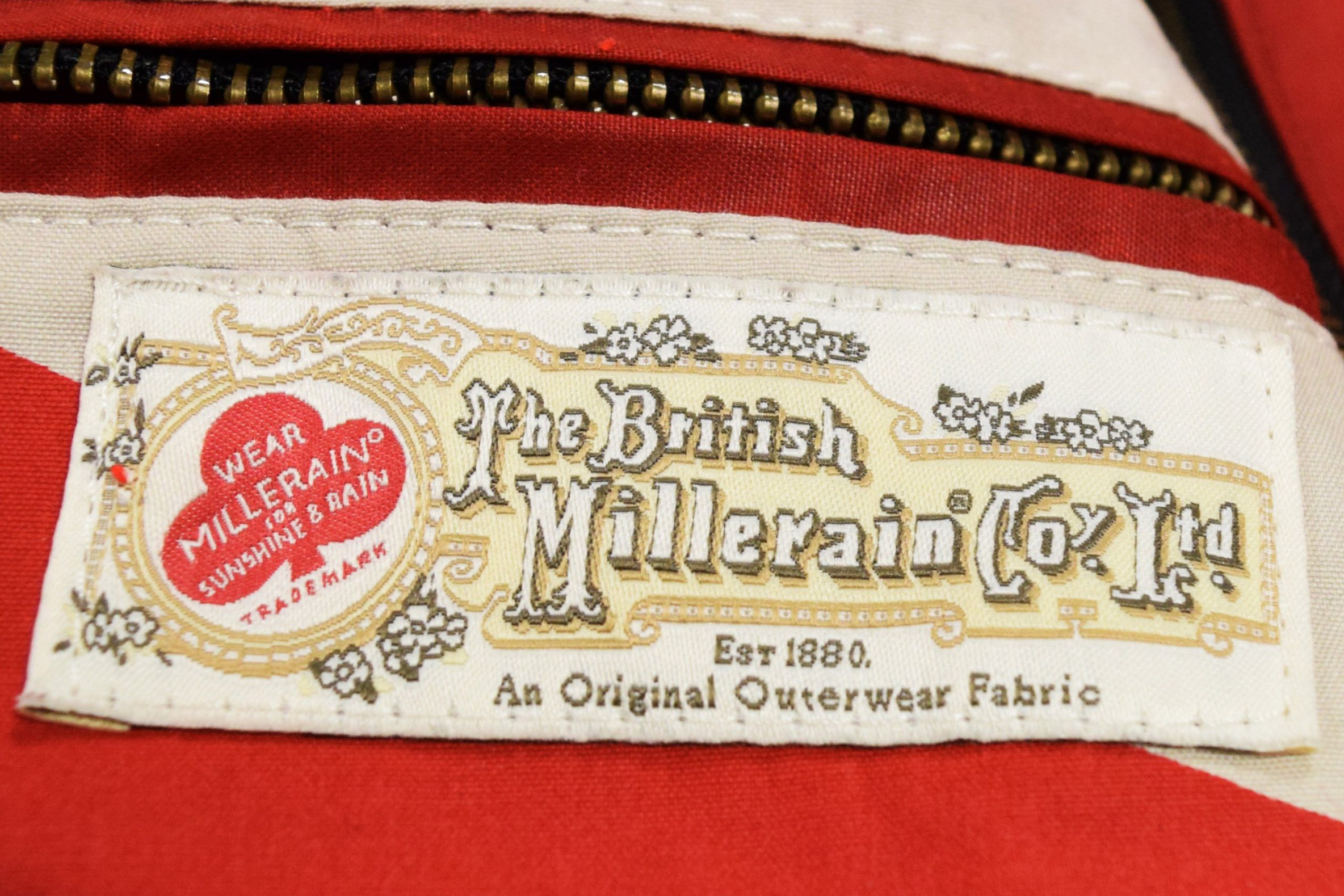 The logo for British Millerain on a jacket.