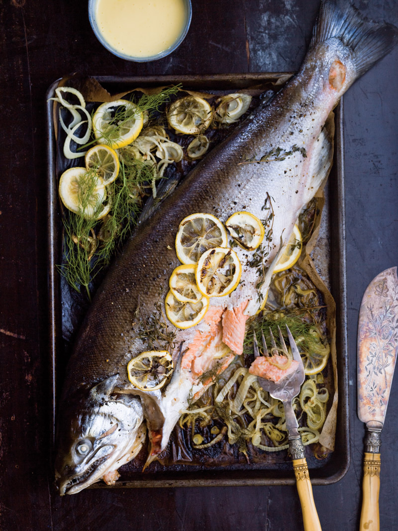 fennel-roasted whole salmon