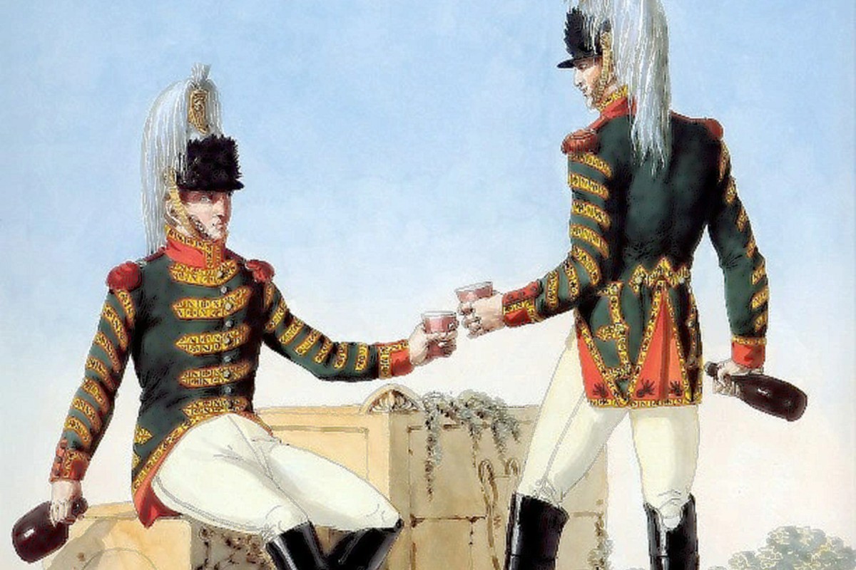 Two Napoleon soldiers drinking champagne.