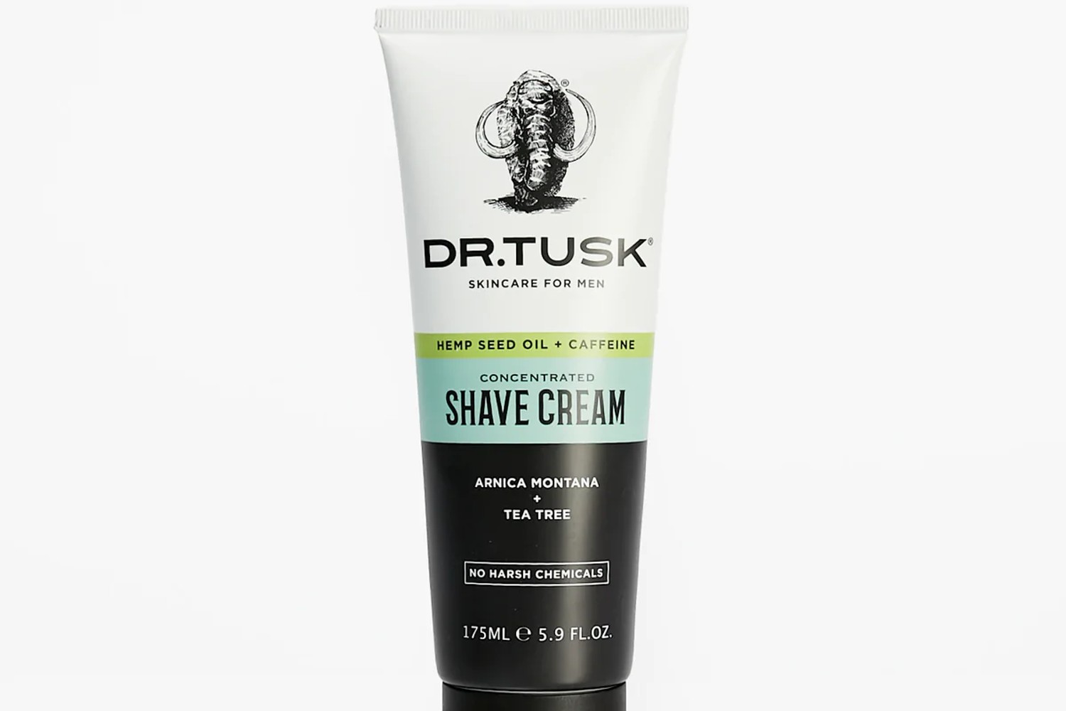 A close-up of a tube of Dr. Tusk Concentrated Shave Cream.