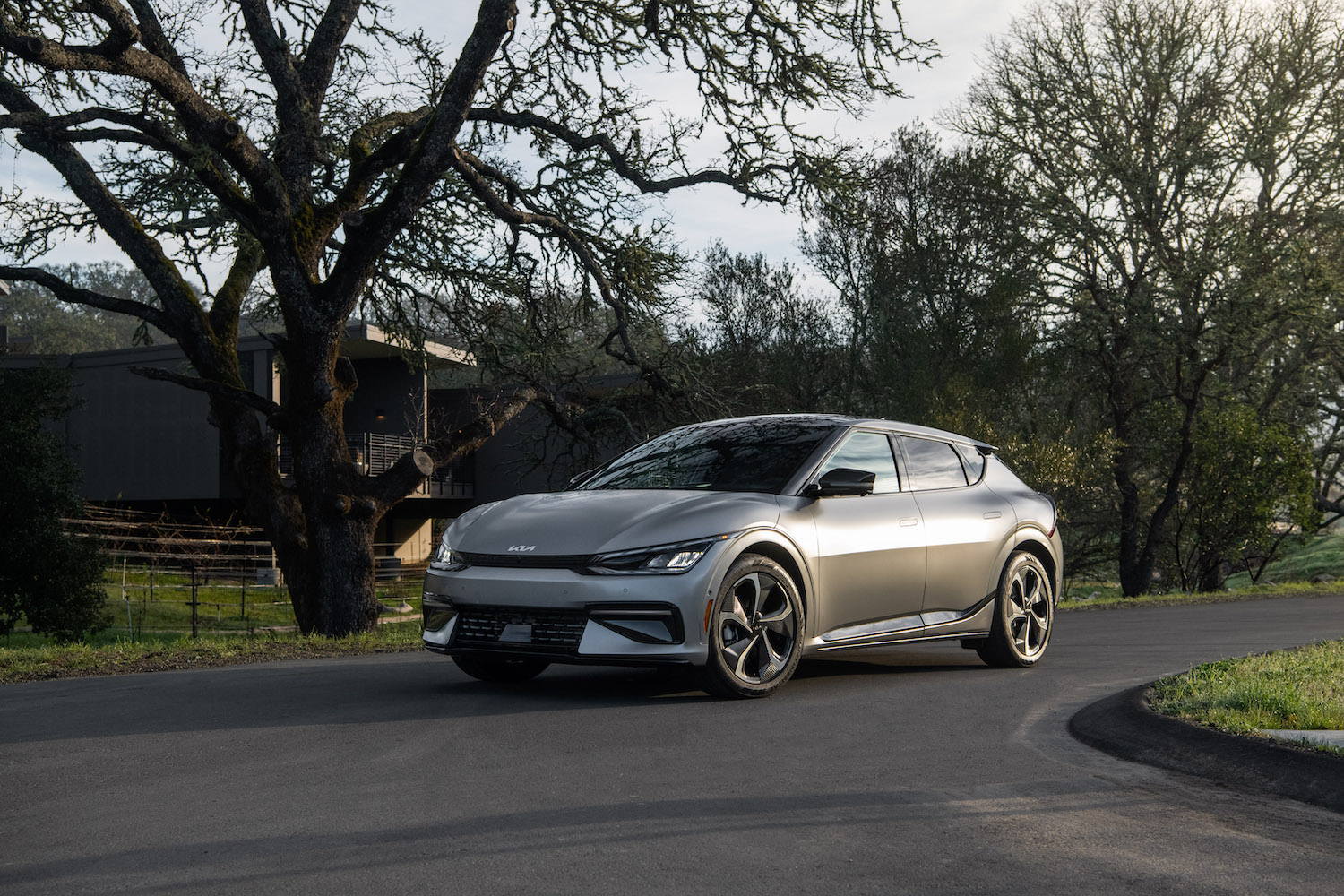 2023 Kia EV6 front end angle parked on the side of the road in front of a large tree.