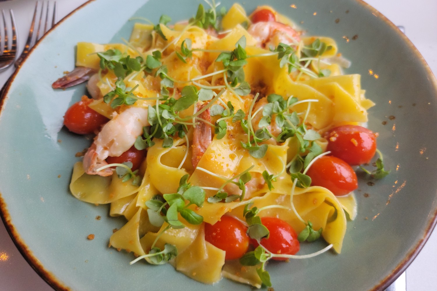 A plate of shrimp pappardelle at Glasspar in Dana Point, California.