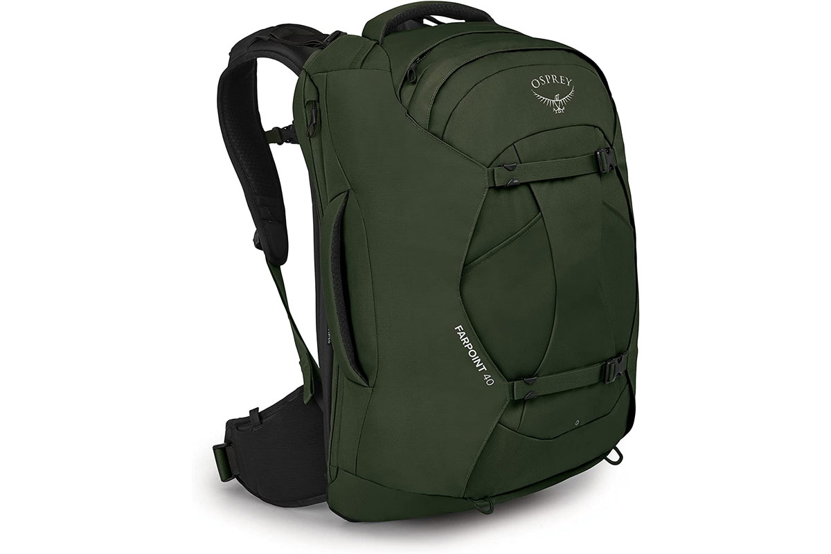 Osprey Farpoint 40 Travel Backpack (in green) on plain white background.