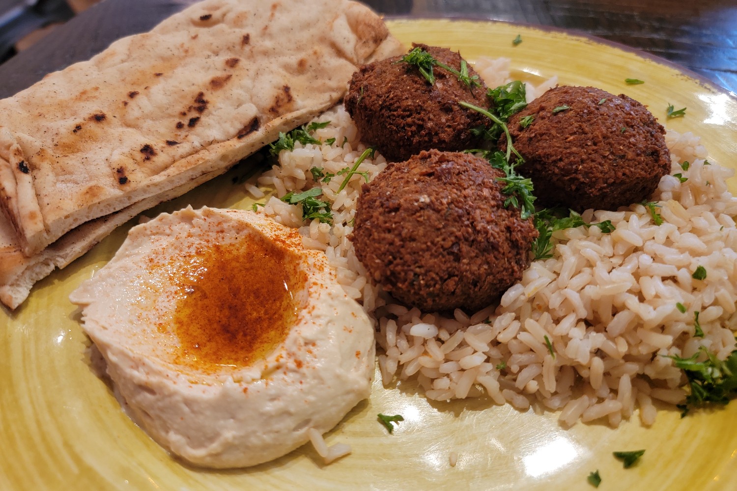 A plate with falafel and hummus at Laziza Mediterranean Grill in Augusta, Georgia.