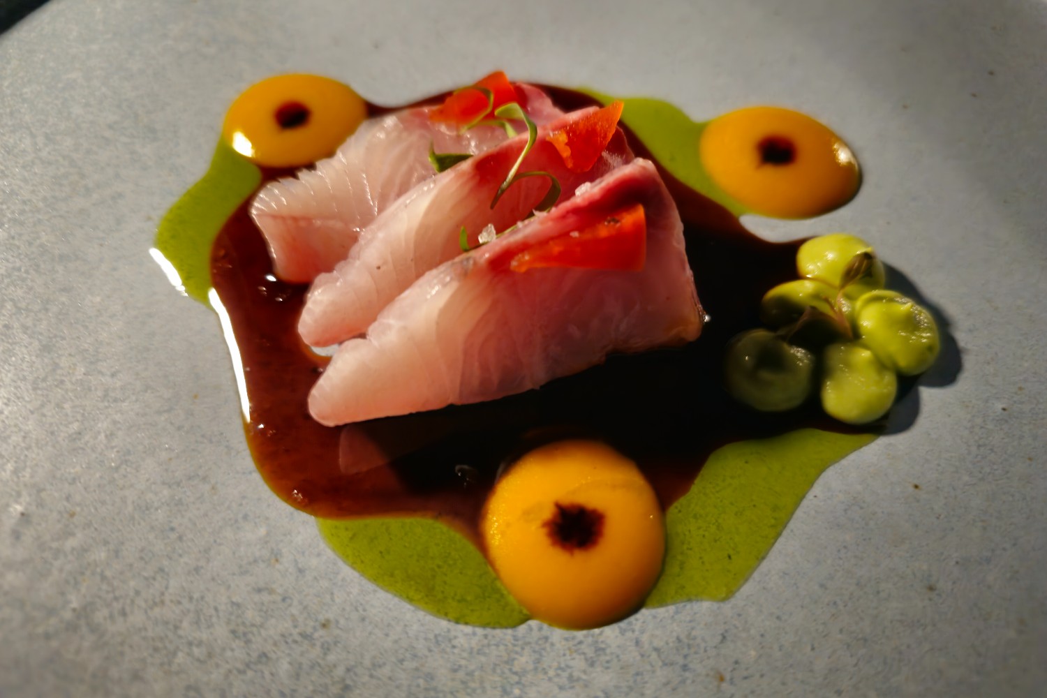 A plate of kampachi and aguachile aboard Animalón by the Sea.