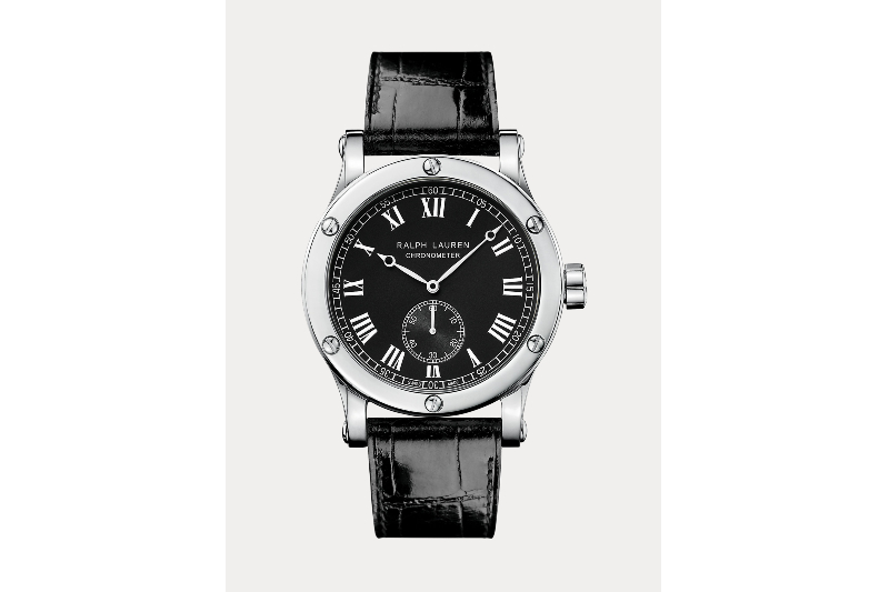 A Ralph Lauren 45mm Chronometer Steel Watch with a black strap on a white background.