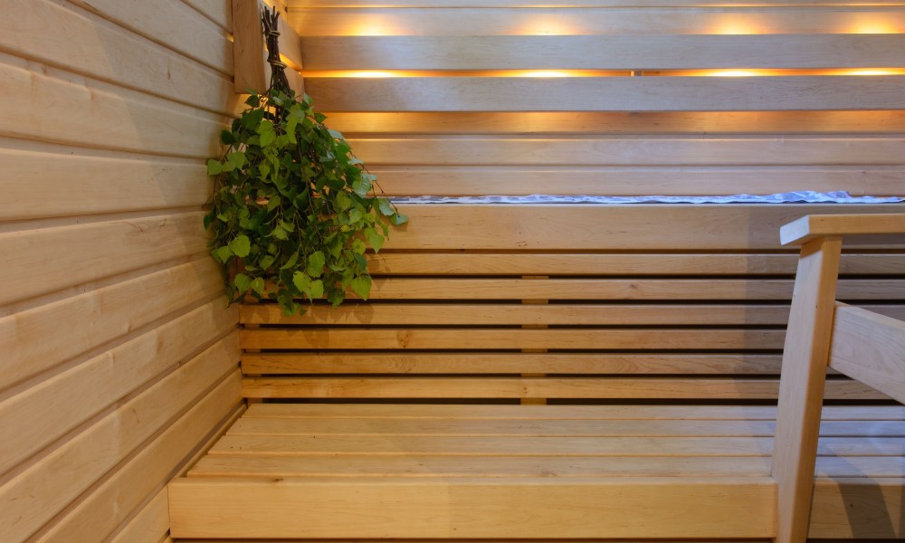 Birch vihta hanging in a Finnish sauna.