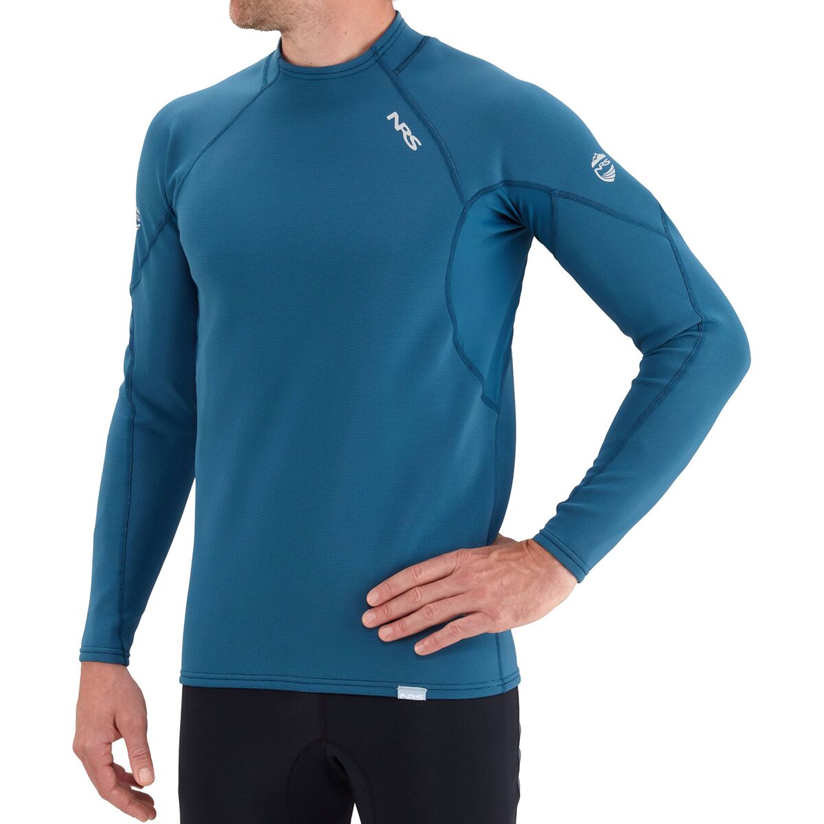 A man modelling the NRS Hydroskin rash guard