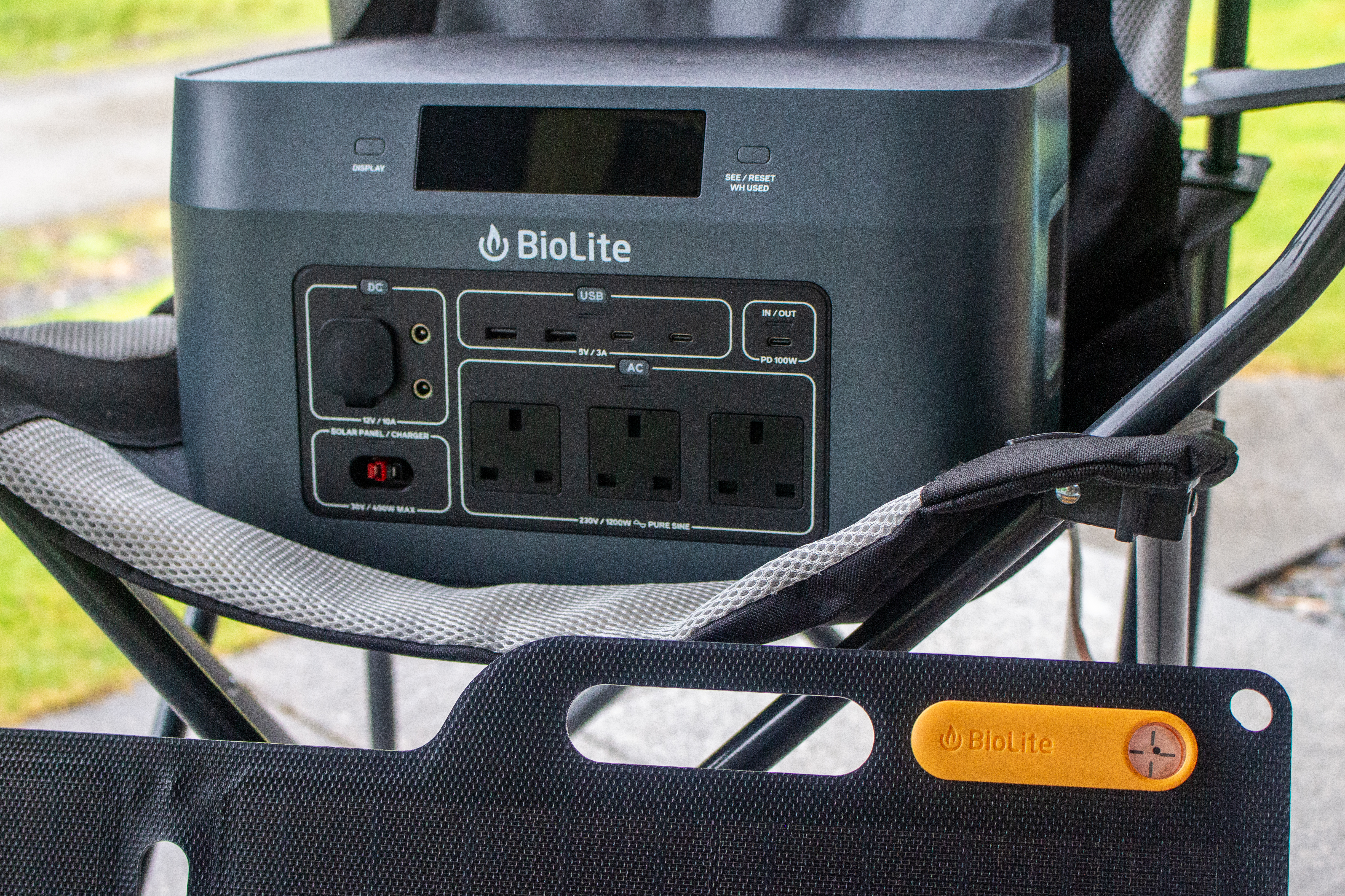 A BioLite BaseCharge Unit on a camping chair