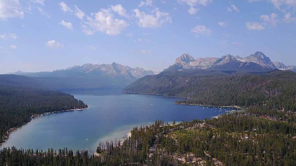 Drone shot of Idaho's Redfish Lake with the Sawtooth Mountains in the background.