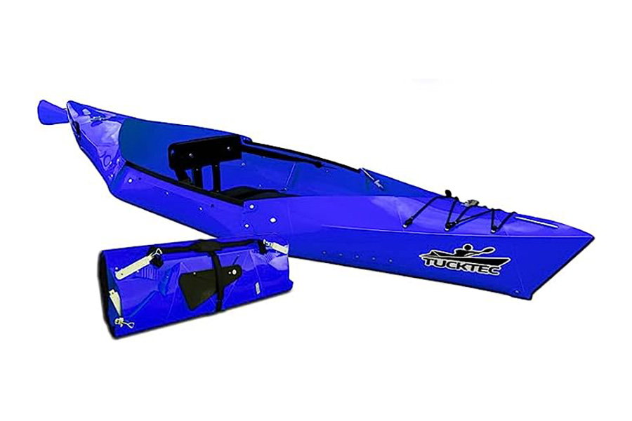 Tucktec Folding Kayak in blue on a plain white background.