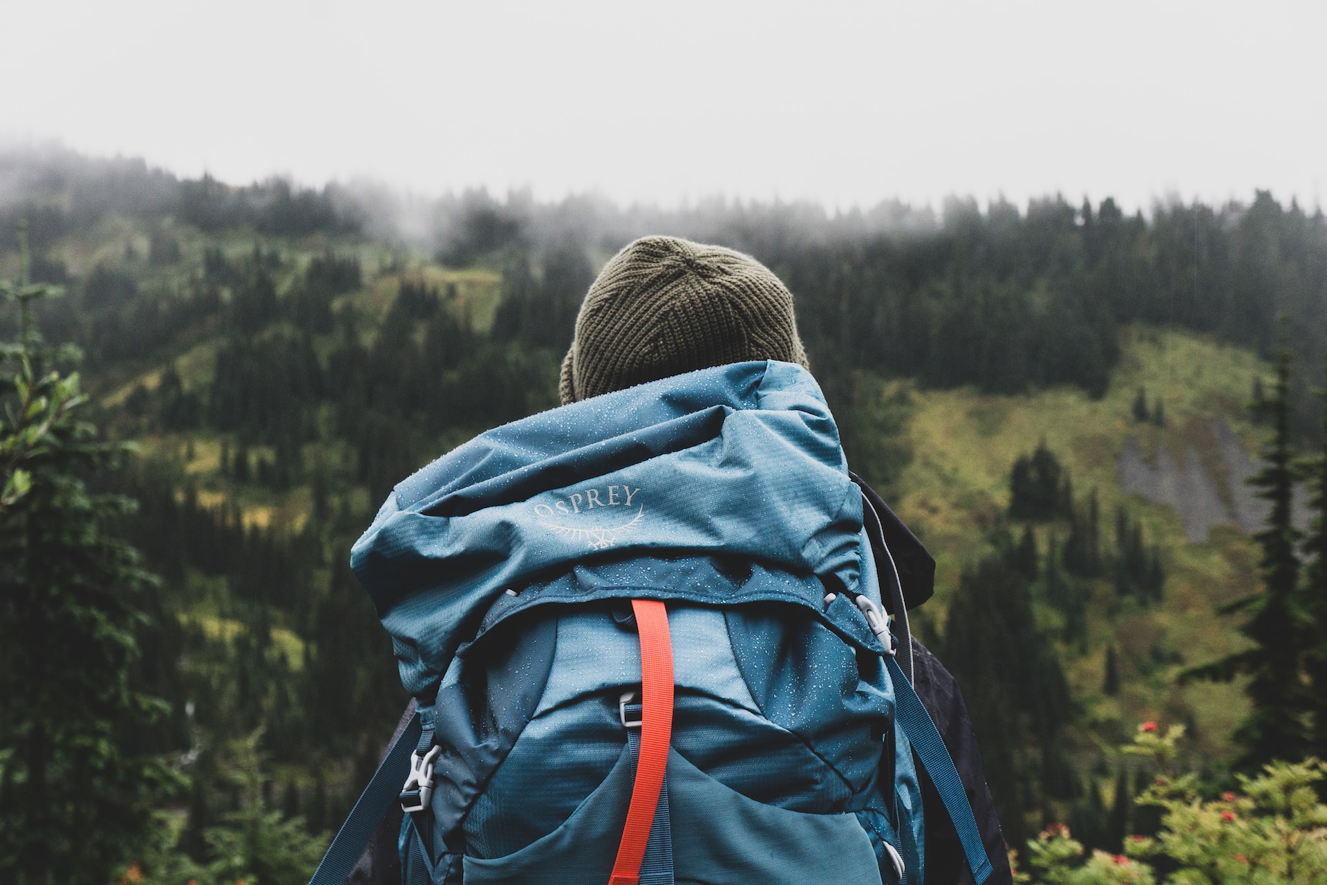 A man wearing a blue backpack while hiking