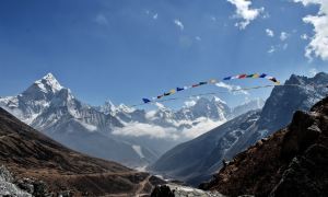 Prayer flags in front of Mount Everest.