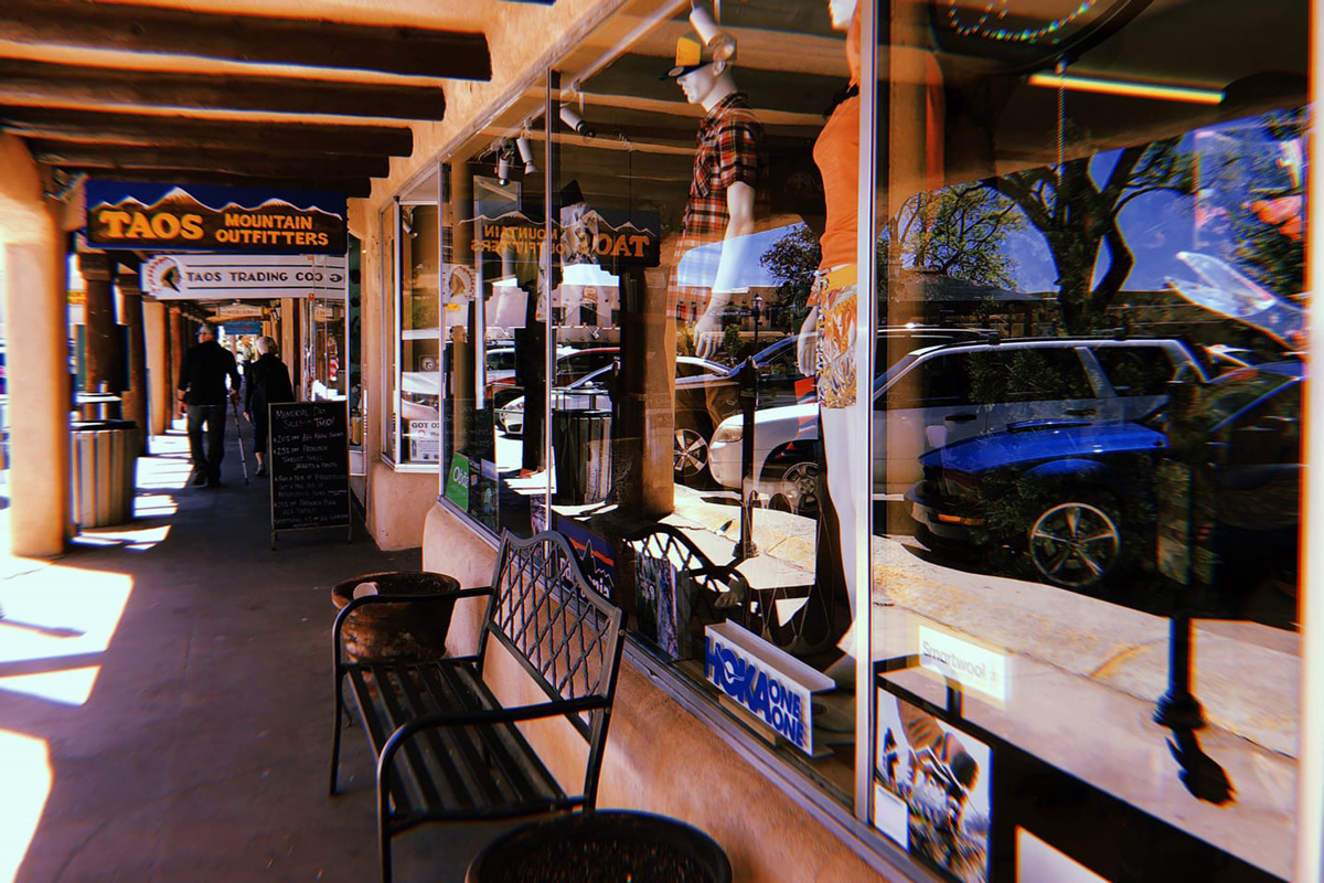 Front entrance to Taos Mountain Outfitters outdoor gear shop in Taos, New Mexico.