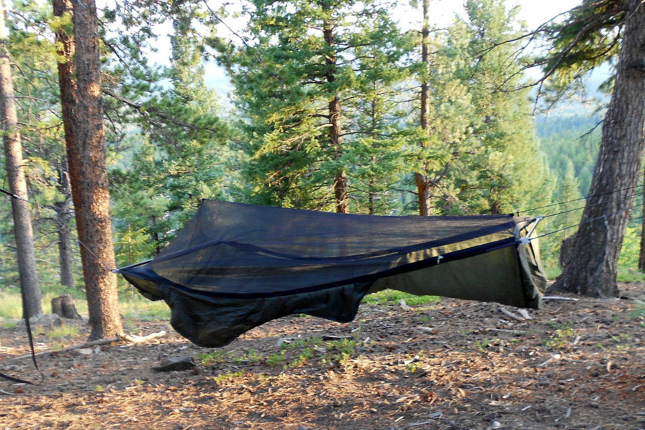 Warbonnet Ridgerunner Hammock hung between two trees in the woods.