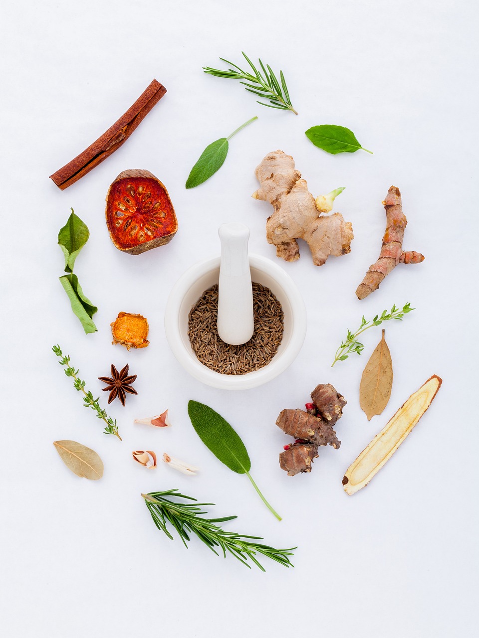 Herbs surrounding a mortar and pestle