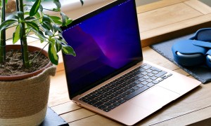 A MacBook Air laptop on a desk.