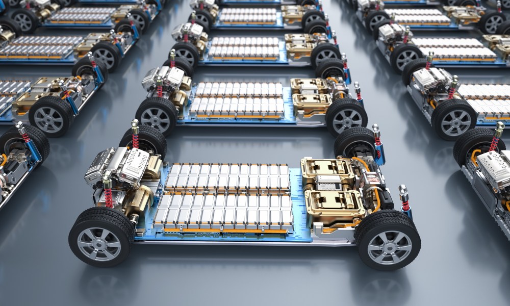 3d rendering group of electric cars with pack of battery cells module on platform in a row