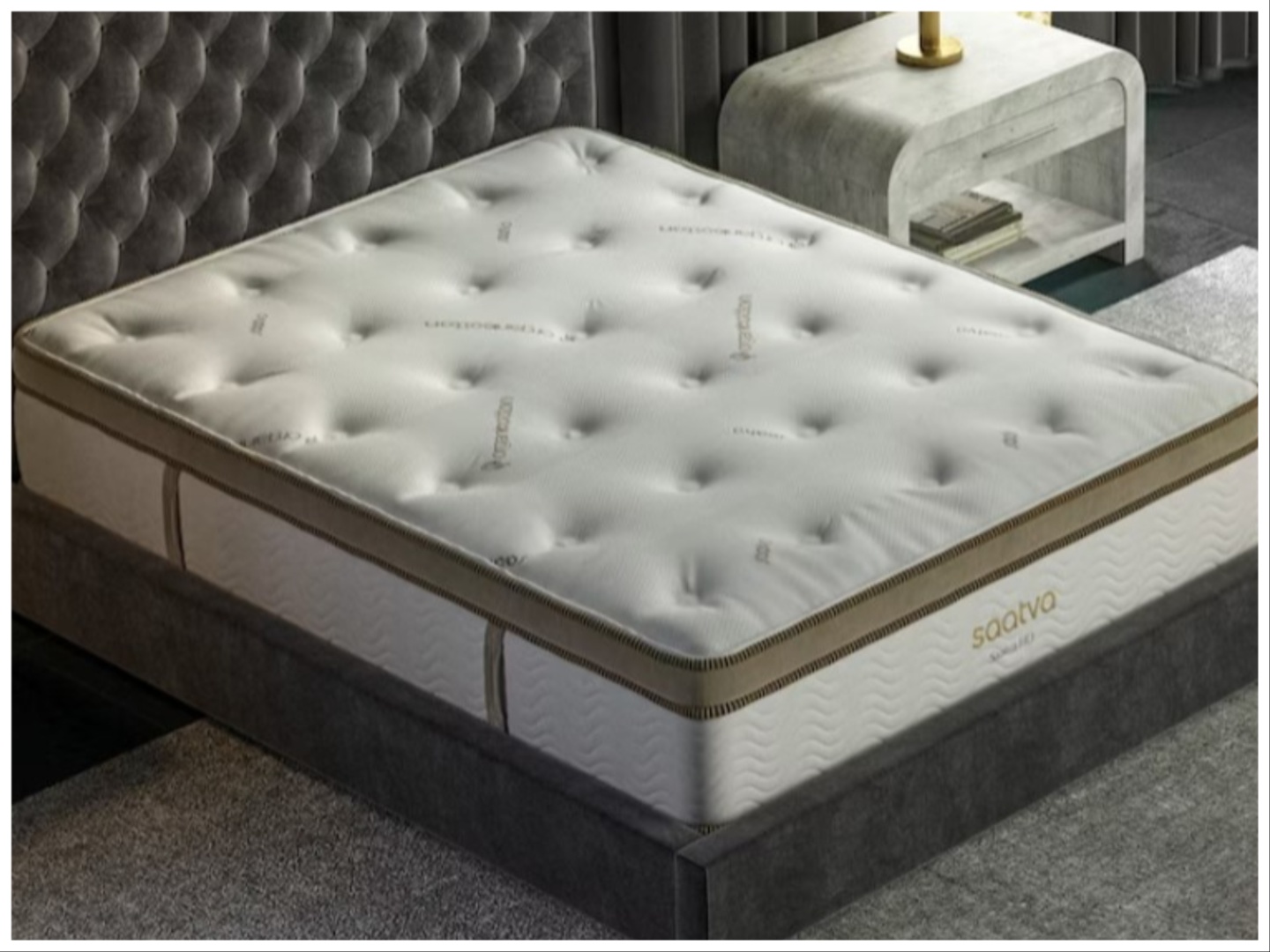 A Saatva mattress in a bedroom.