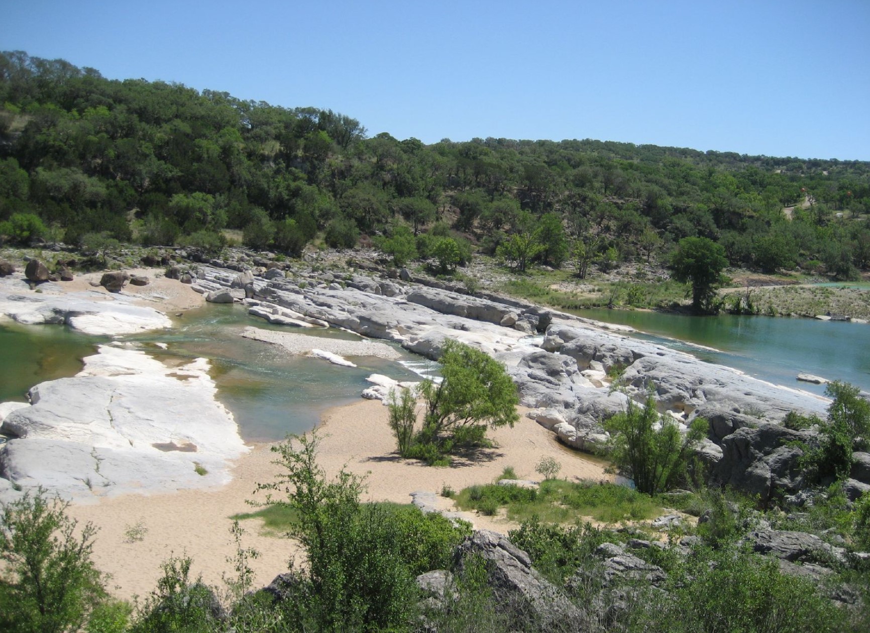 a unique limestone formation with pools of water along a line of trees in Pedernales State Park