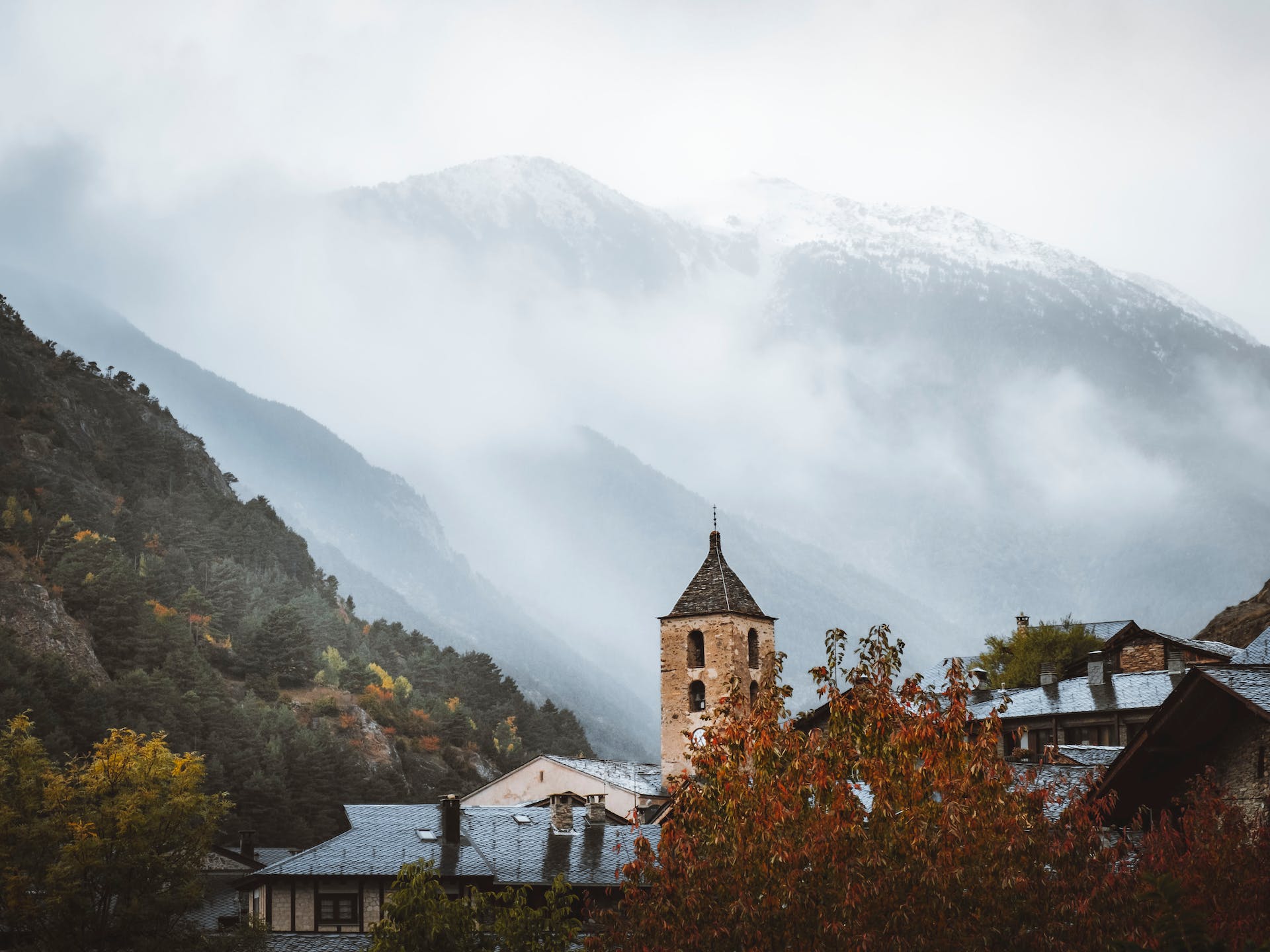 Andorra, surrounded by mountains and fog