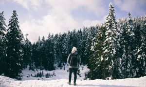 Solo hiker taking in the view along trail in winter