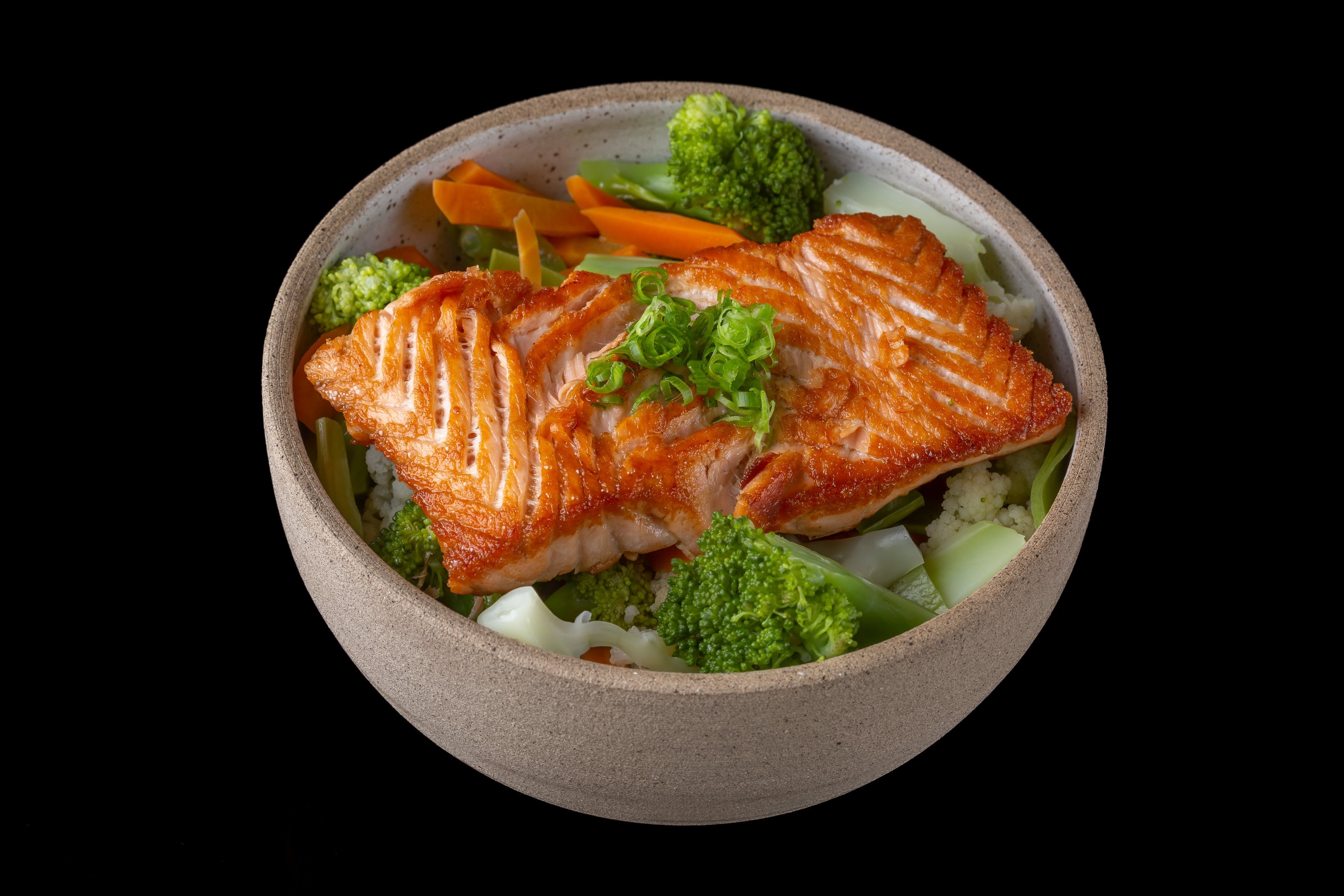 Cooked salmon in bowl of rice