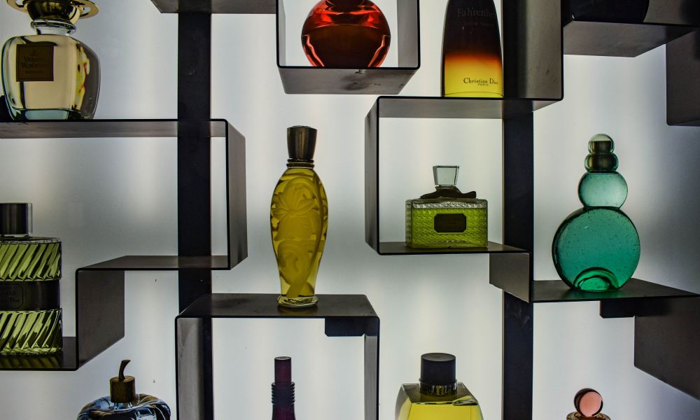 Fragrance bottles on a shelf