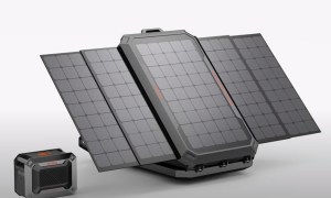 Jackery's solar rooftop tent concept with a portable power bank, isolated on a plain background.