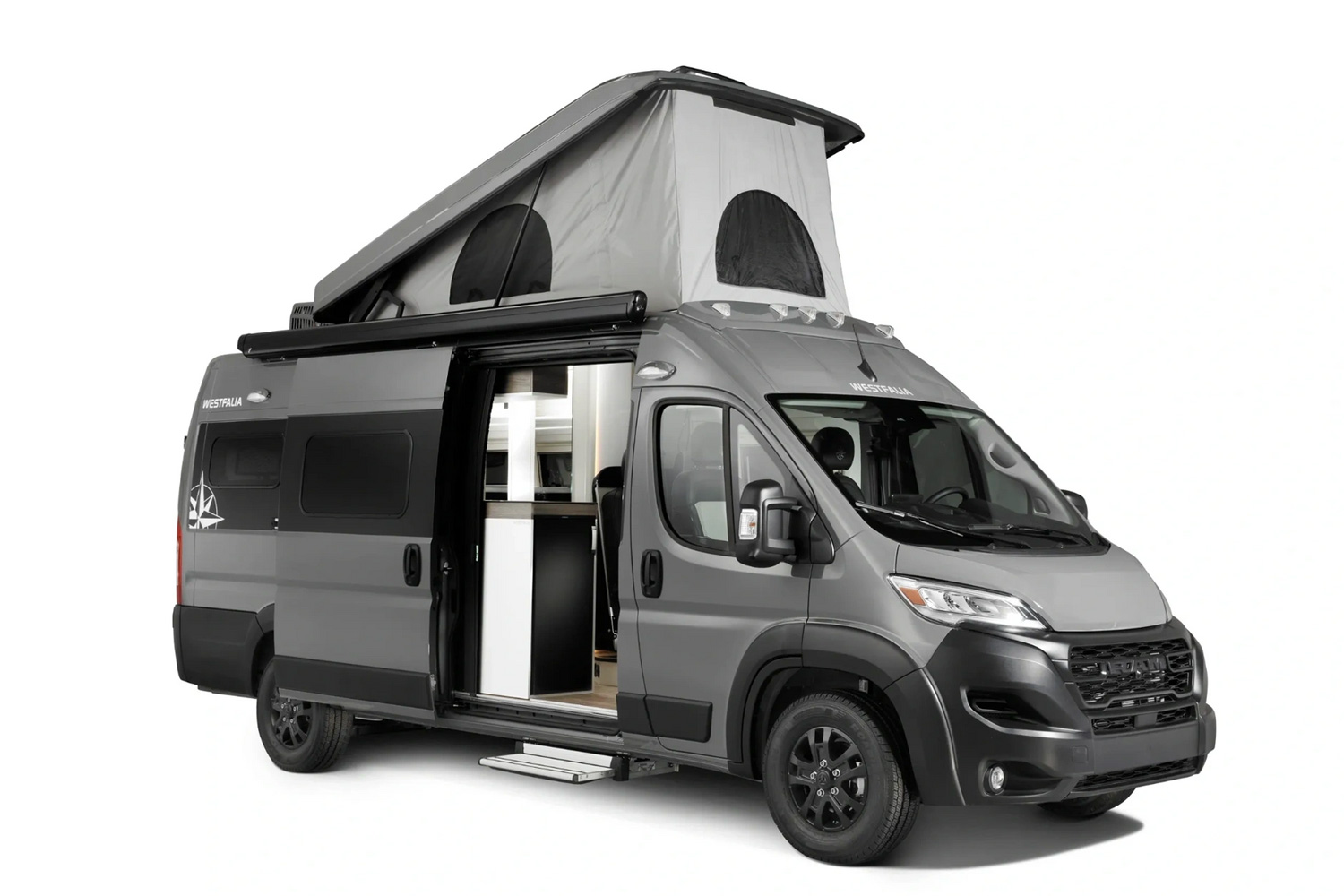 Studio shot of a Westfalia Wave Pop Top campervan on a plain white studio background.