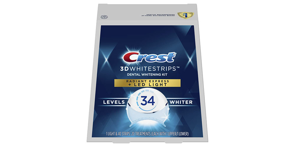 Crest 3D Whitestrips Radiant Express 34 levels whiter on a white background.