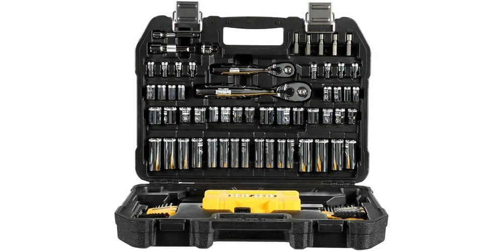 The DeWalt Mechanics Tools Kit and Socket Set on a white background.