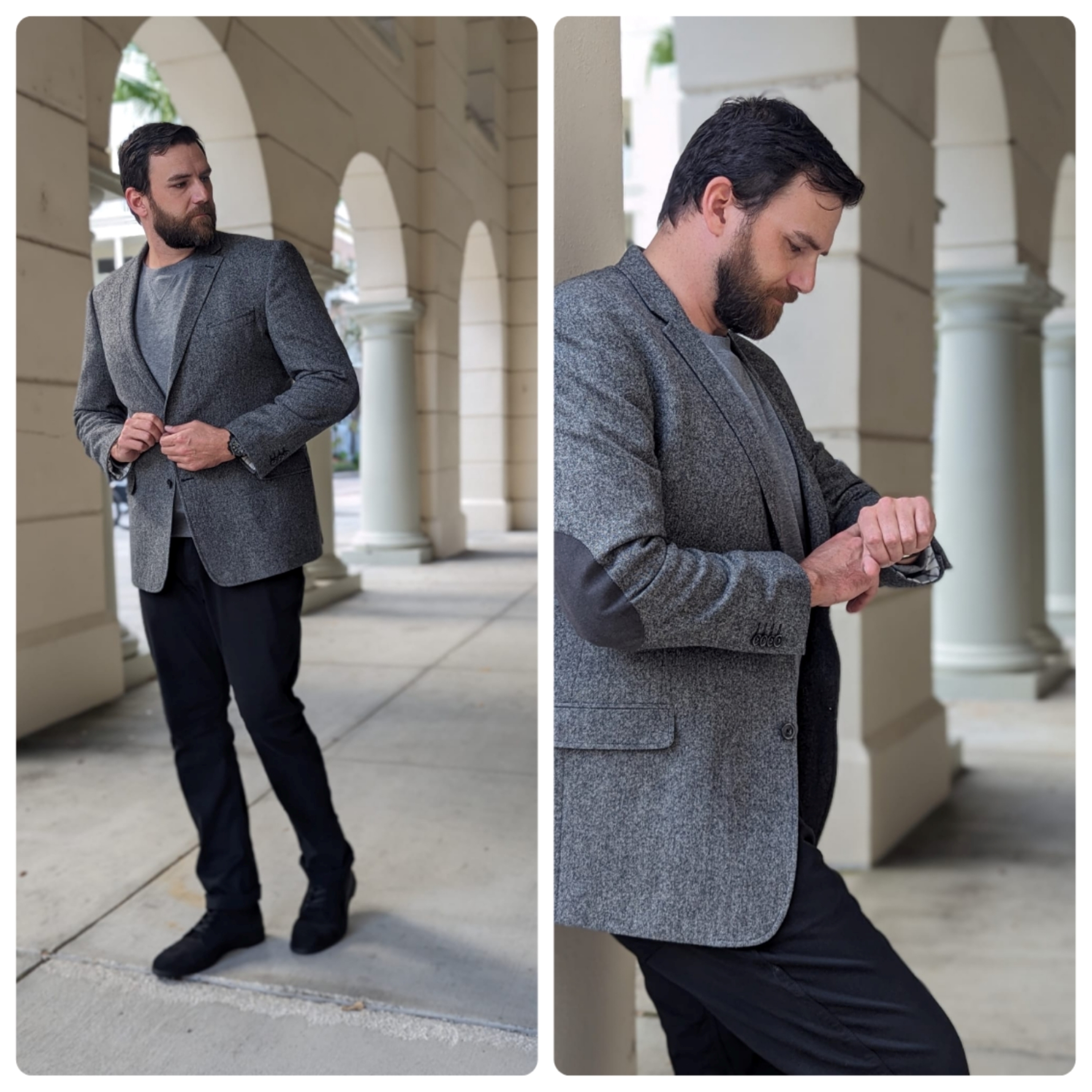 Man in black jeans, sportcoat, and sweatshirt