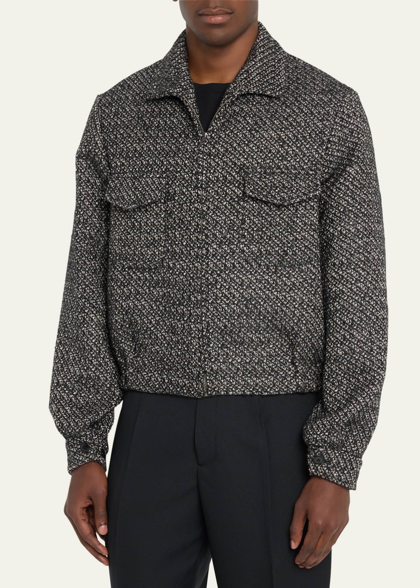 model wearing tweed bomber jacket