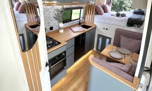 Luxury vanlife build using Garnica lightweight poplar wood paneling.