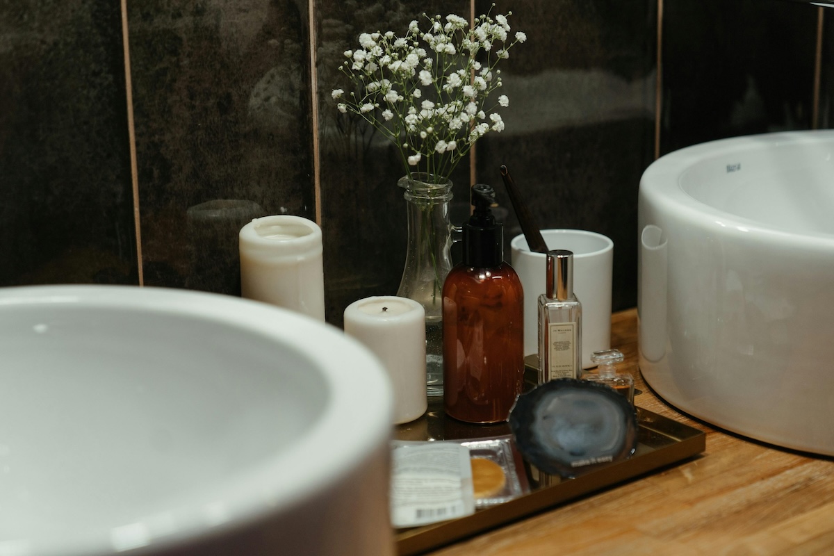 skincare products by bath