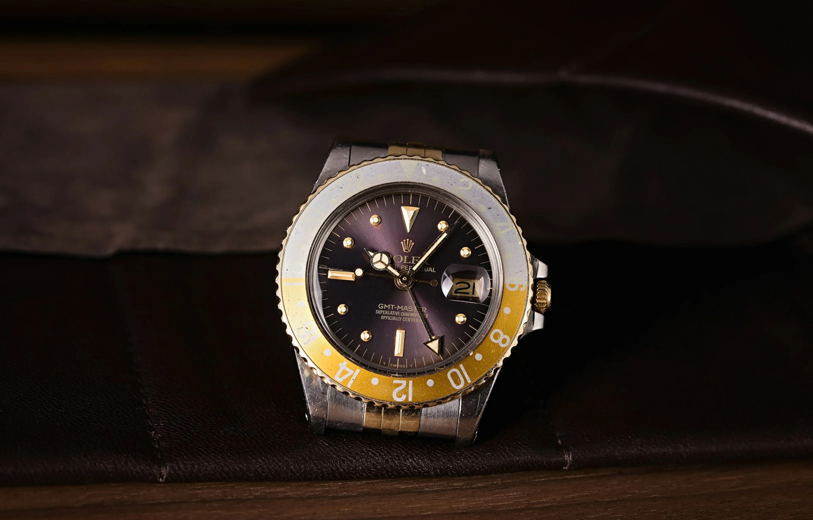 A front view of the Rolex GMT Master Root Beer watch.
