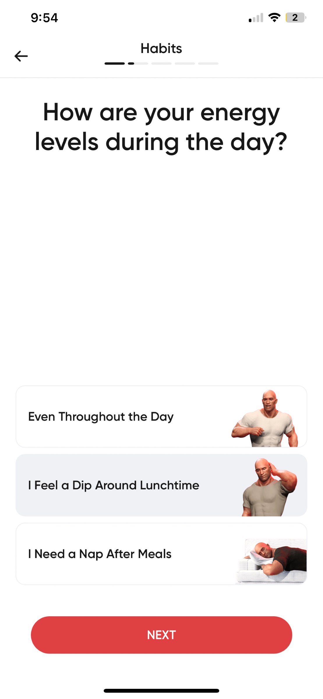 Better Me app energy levels question onboarding screen
