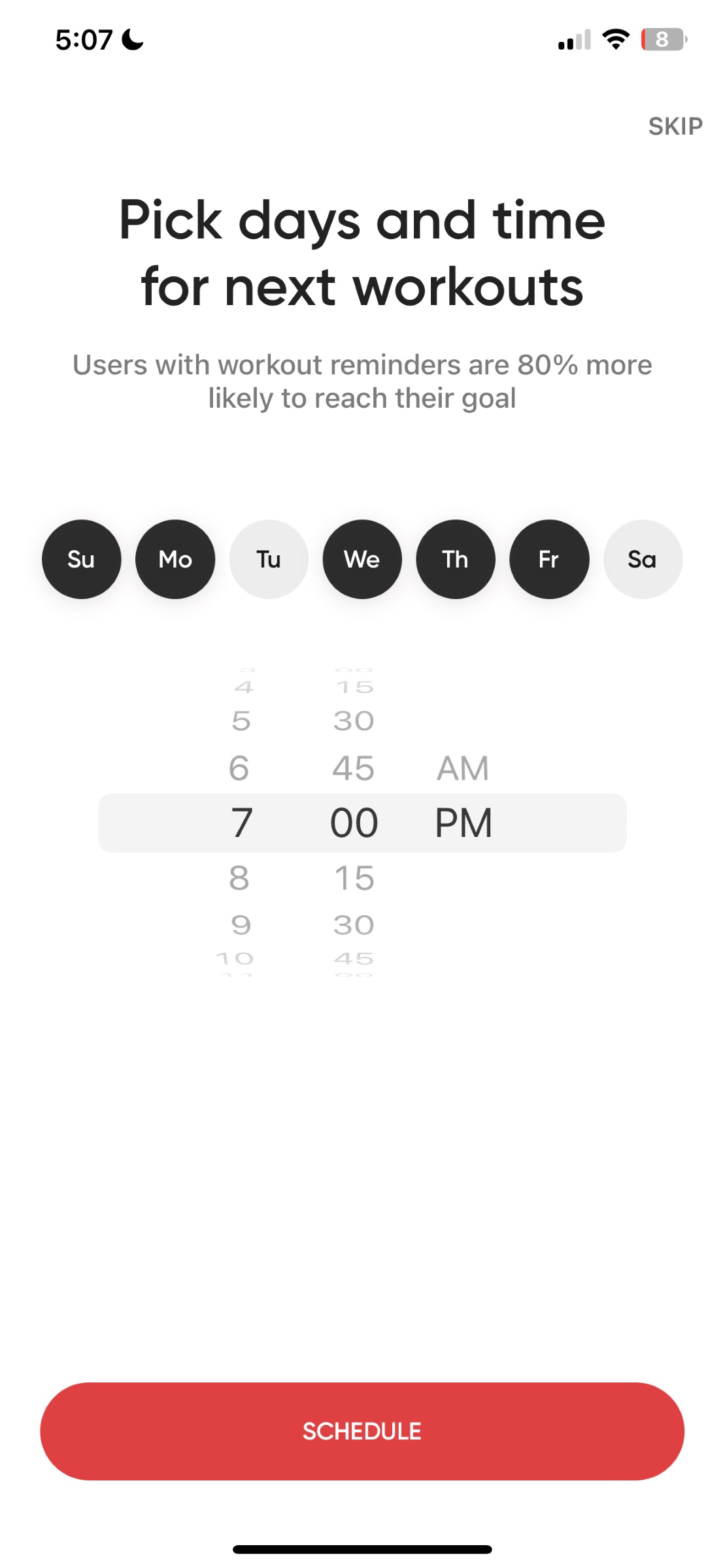 Days and time for next workout Better Me App screen of schedule workout