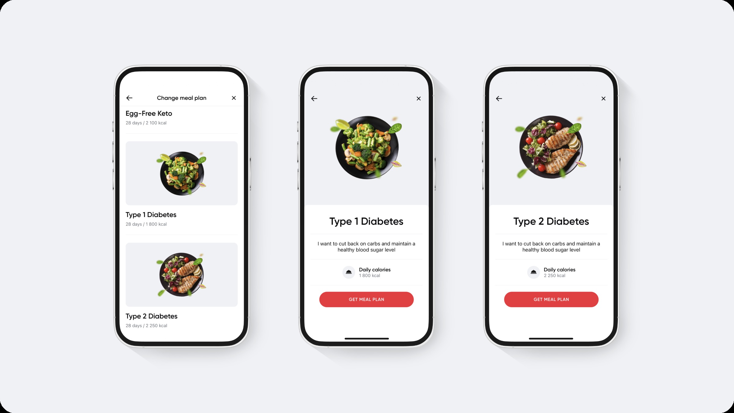 meal plans for diabetes three screen grey background Better Me health coaching app