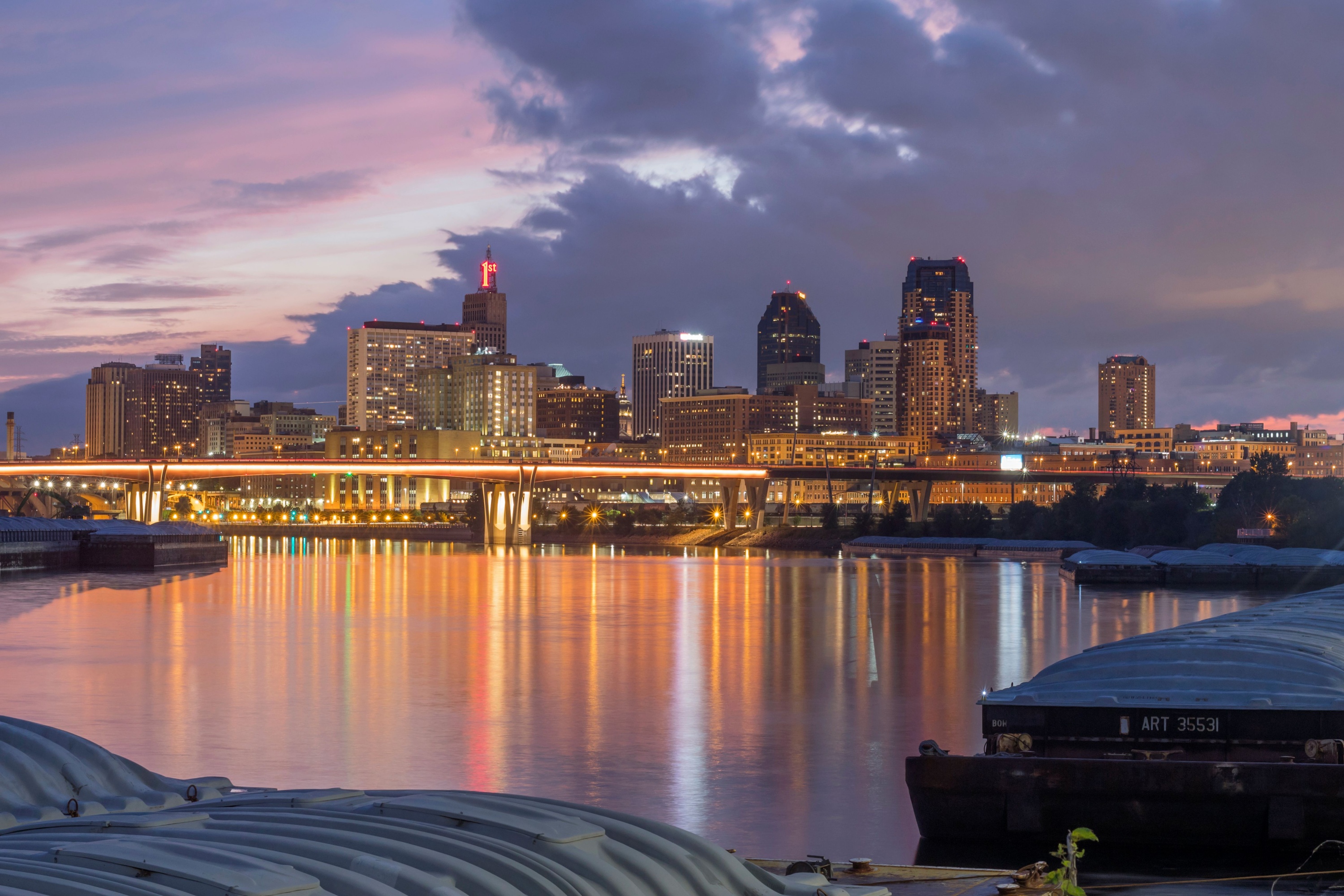 A Dramatic Cityscape Shot of St. Paul, Minnesota Reflecting in the Mississippi River during a Colorful Twilight Long Exposure