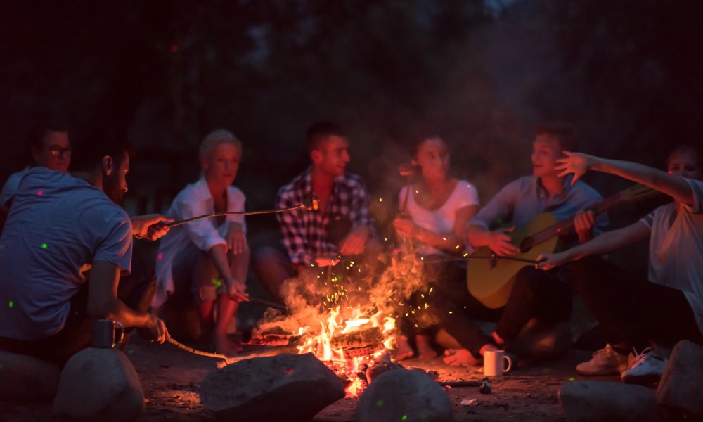 a group of happy young friends relaxing and enjoying summer evening around campfire on the river bank