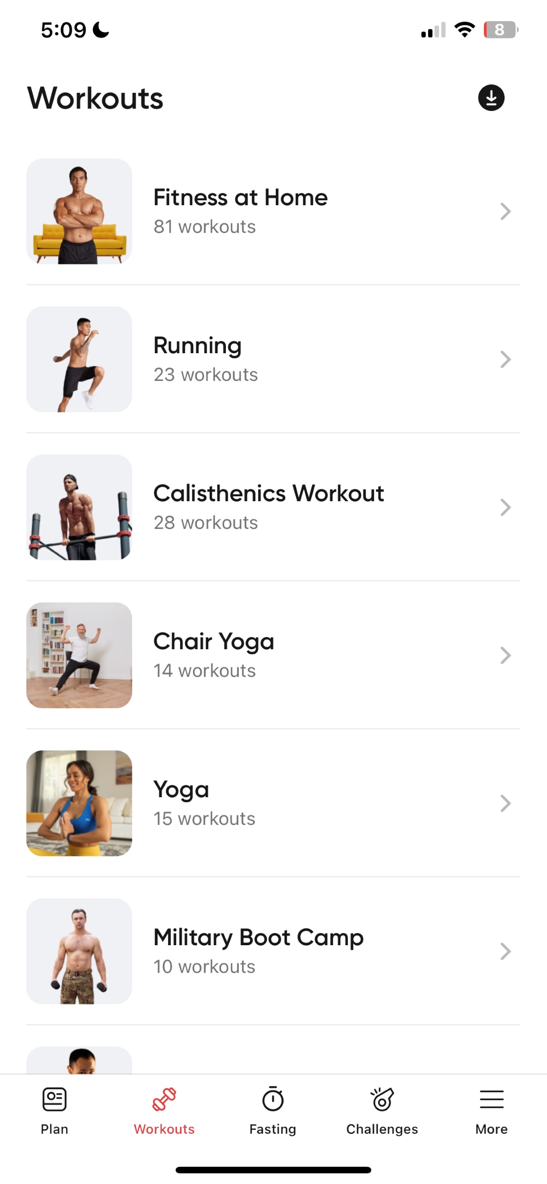 library of workouts for better me app screen choose workout